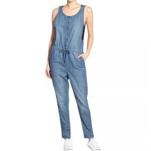 Volcom Medium (12) Blue Painterly Chambray jumpsuit pockets blue sleeveless